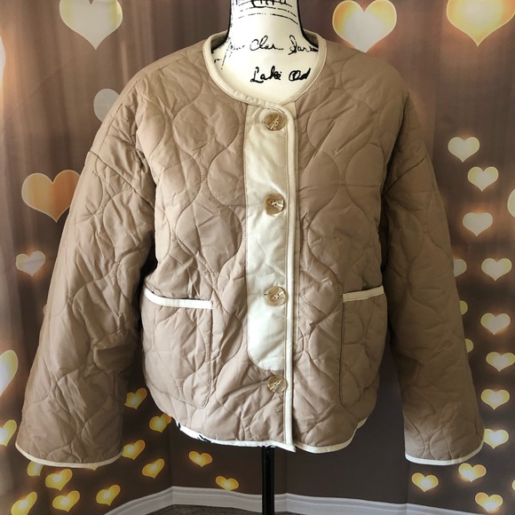 Coat jacket reversible cozy khaki beige tan pocket quilted puff women’s Teddy - Picture 6 of 13